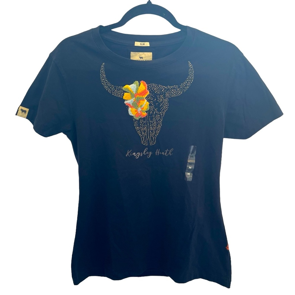 NWT Kingsley Heath glitzy floral skull slim crewneck short sleeve T-shirt